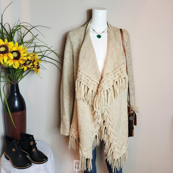 INC International Concepts Beige Fringed Cardigan - Picture 1 of 5